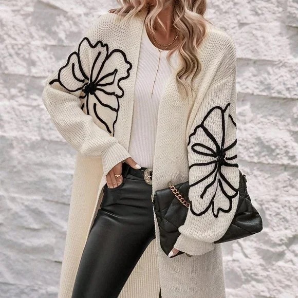Sweaters - Soft & Cozy Black Flower Embroidered Cardigan Duster Cable Knit Off White NEW